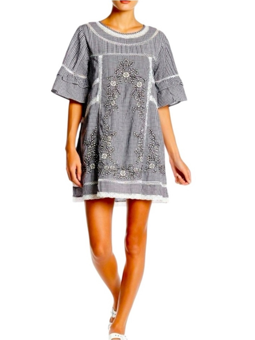Free People Black & White Gingham Lace-Trim Top